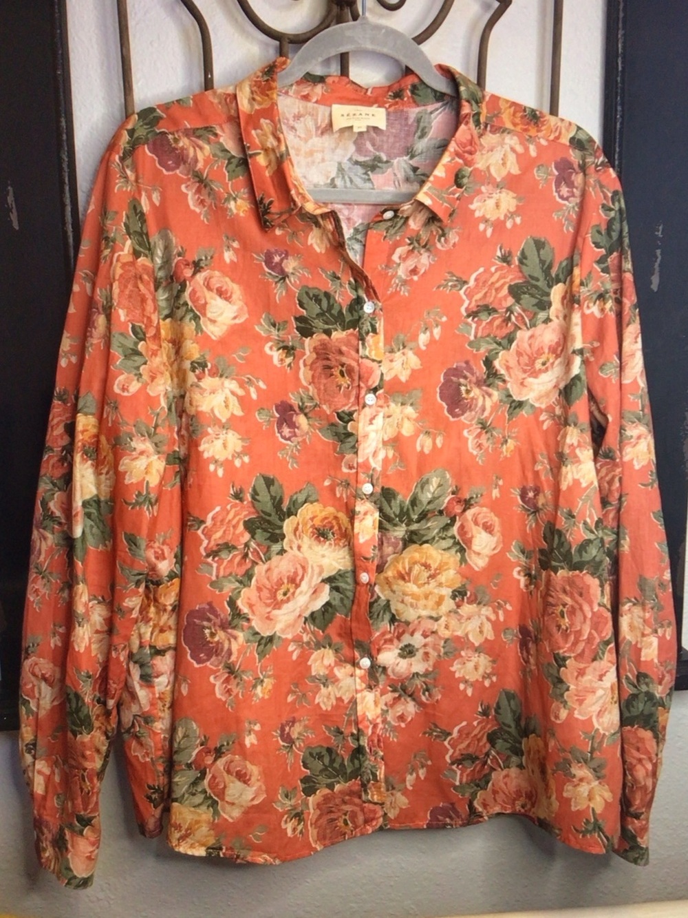 Sezane Orange Floral Button-Up Blouse